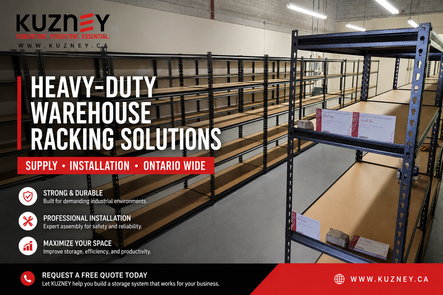 Heavy-duty warehouse racking installation and storage solutions by KUZNEY in Ontario