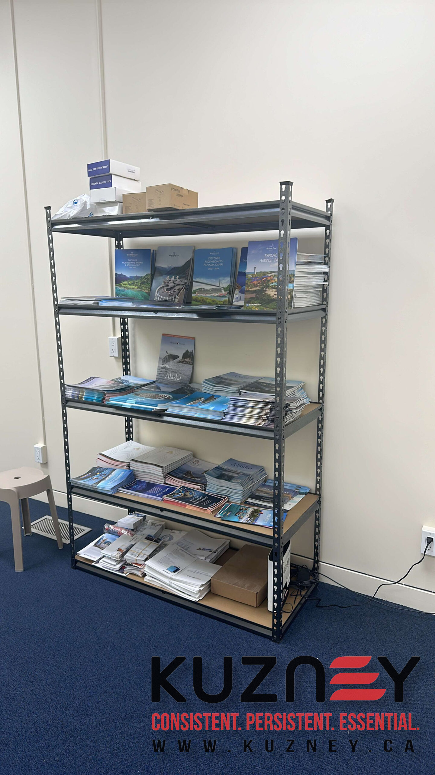 KUZNEY black industrial shelving installed in a GTA office workspace