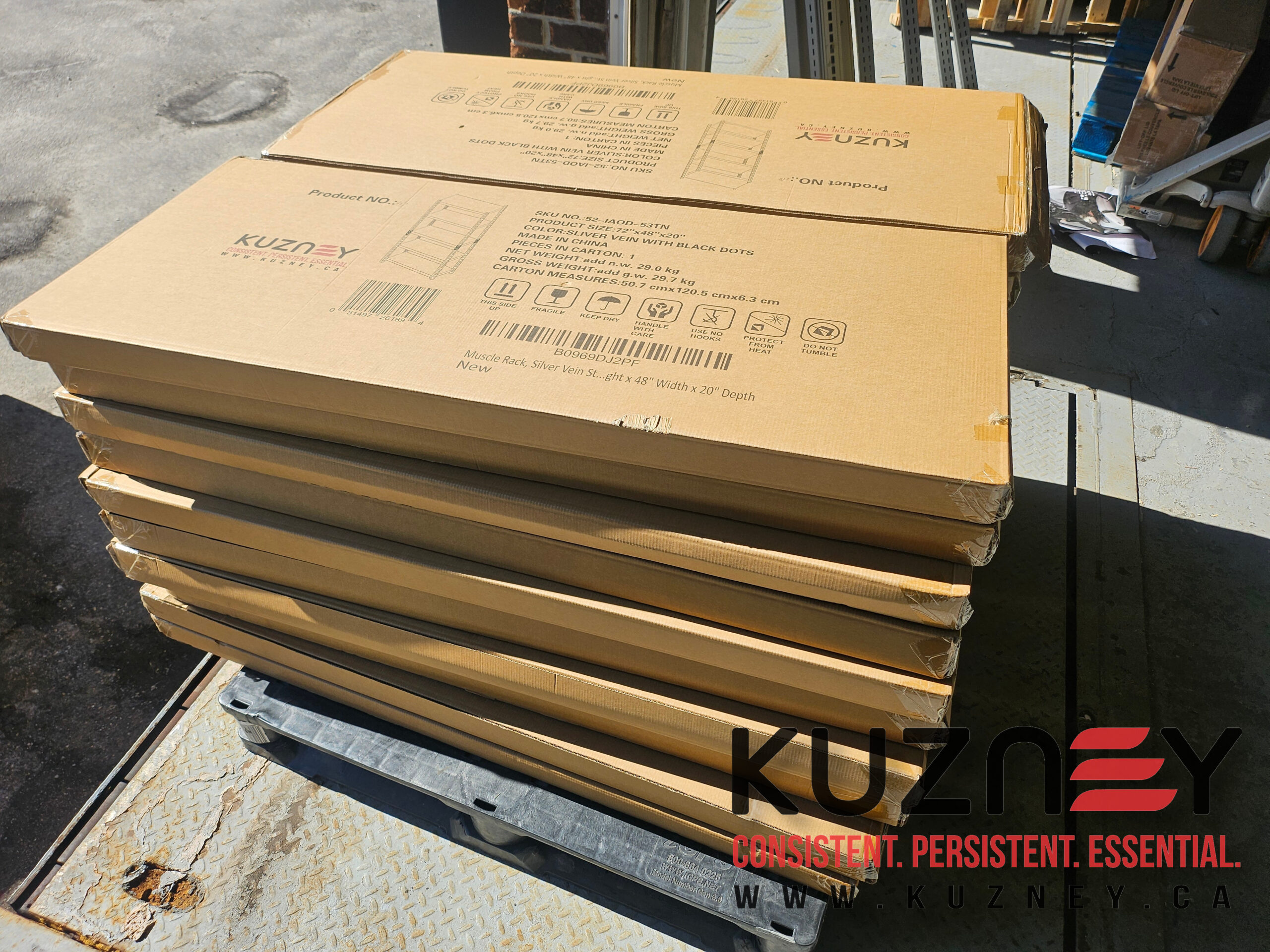 KUZNEY heavy-duty shelving skid ready at warehouse dock level in the GTA